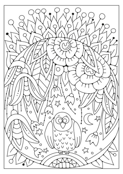 Coloring page with flowers and owl. Vector black and white illustration for coloring. Line art. Art therapy. - Vector, afbeelding