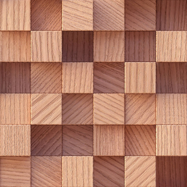 3D ilustrace. Struktura, pozadí, trojrozměrné, realistické dřevěné kostky na různých úrovních se stínem, lamelami, s přirozenou strukturou. Dřevěný panel, pozadí s dřevěnou texturou. Vykreslit - Fotografie, Obrázek