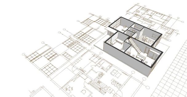 σπίτι σχέδιο προσόψεις αρχιτεκτονικό σκίτσο 3d εικονογράφηση - Φωτογραφία, εικόνα