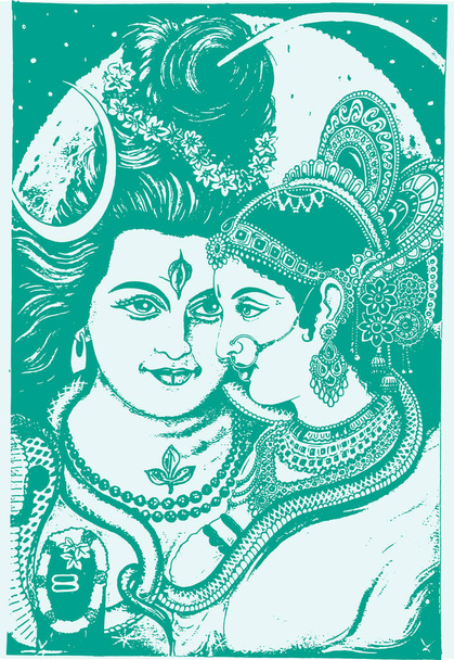 Desenho ou esboço do deus indiano famoso e poderoso Lord Shiva, Parvati e seus símbolos esboço, silhueta ilustração editável - Vetor, Imagem