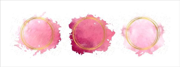 Pennellate rosa. Set di spruzzi di acquerello con cerchio dorato - Vettoriali, immagini