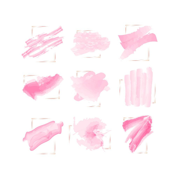  Pink brush strokes. Watercolor splashes set with golden frames. - Wektor, obraz