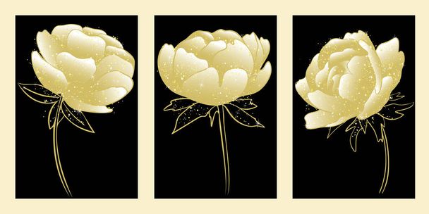 Set of golden peonies. Flowers of gold on a black background. Wall decoration. Template for cards and invitations. Modular picture.Vector. - Vettoriali, immagini