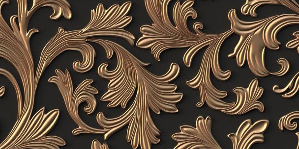 3D illustratie Abstracte achtergrond. Werk, volumineuze gouden takken met bladeren, met schaduw op een zwarte achtergrond.Decoratieve grill met een bloemsieraad, 3D paneel. Futuristische achtergrond. Render - Foto, afbeelding