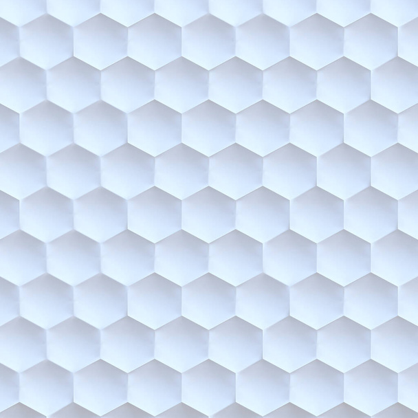 Illustration 3D. Fond hexagonal abstrait avec effet de profondeur de champ. Un grand nombre d'hexagones blancs. Cellulaire, panneau 3D blanc. Rendu. Texture de la paroi 3d, amas hexagonaux - Photo, image