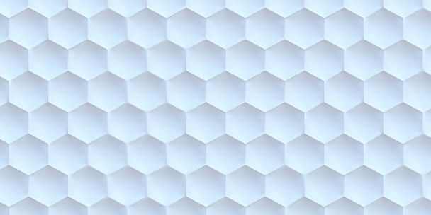 3d иллюстрация. Абстрактный шестиугольный фон с эффектом глубины резкости. Большое количество белых шестиугольников. Сотовая, белая 3D панель. Render.3d текстура стенки, шестиугольные кластеры - Фото, изображение