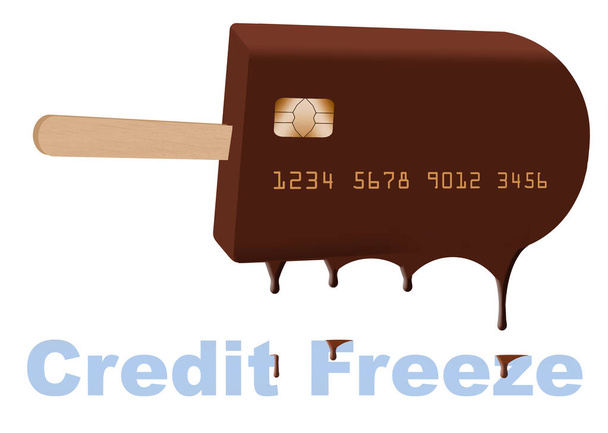 Czekolada lody bar na patyku jest urządzone, aby wyglądać jak karta kredytowa w tym 3D ilustracji o kredyt zamraża chronić swój raport kredytowy. - Zdjęcie, obraz