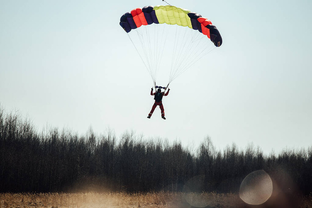 Az ejtőernyősök nagy magasságból ugranak ki a gépből. az extrém sportok adrenalinja. ejtőernyős szabadesésben a tiszta kék ég felé. - Fotó, kép
