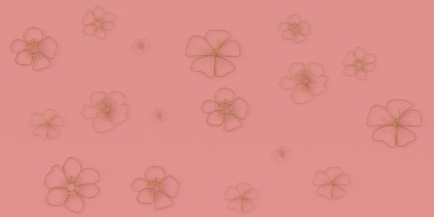 3D ilustrace. Obraz květin, zlatá barva, izolované na růžovém, korálovém pozadí. Abstraktní růžové pozadí s objemovými zlatými květy. Rendere. Textura. Slavnostní květinové pozadí.   - Fotografie, Obrázek