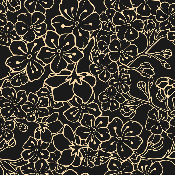Seamless background with cherry blossoms. Vector illustration. Contour image. Stock vector. Cherry. Black background. Golden outline - Vektori, kuva