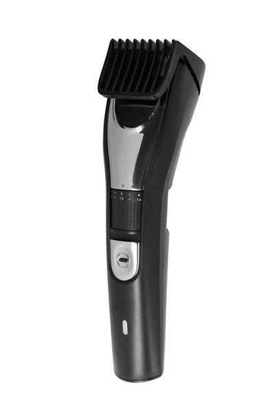Rechargeable black hair clippers with nozzle side view. Shearer isolated on white backgroun - Fotoğraf, Görsel