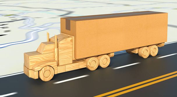 Ξύλινο φορτηγό παιχνίδι που μεταφέρουν ένα μεγάλο κουτί από χαρτόνι κινείται γρήγορα στο δρόμο. - Φωτογραφία, εικόνα