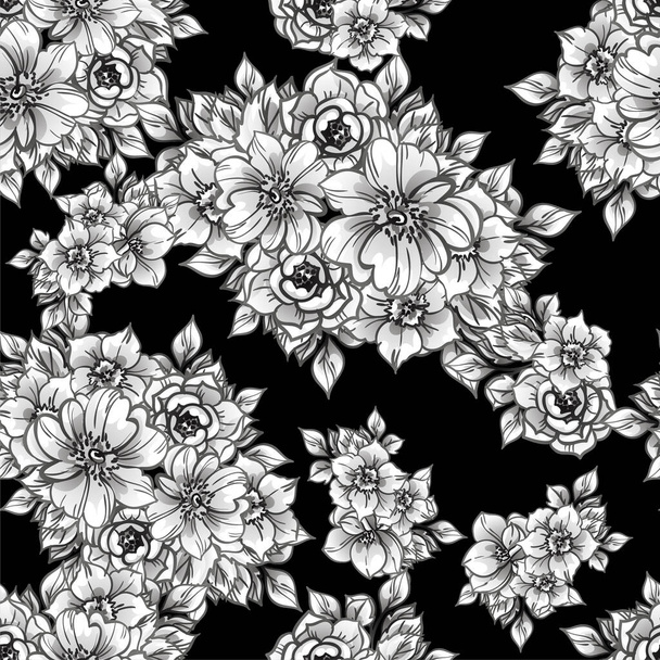 vector seamless pattern with black and white flowers. design for textile and scrapbook - Vector, Image