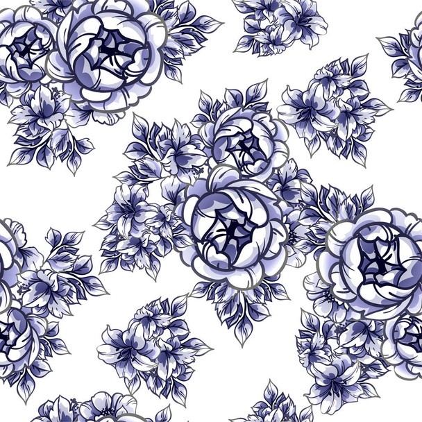 vector seamless pattern with blue, black and white flowers. design for textile and scrapbook - Vector, Imagen