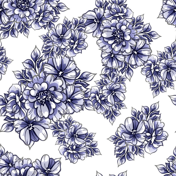 vector seamless pattern with blue, black and white flowers. design for textile and scrapbook - Vettoriali, immagini