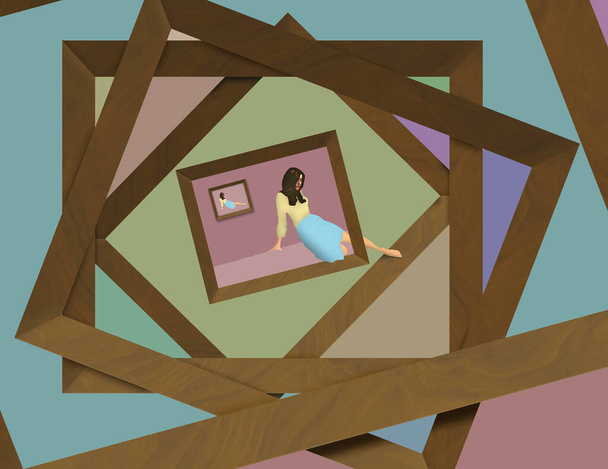 Una chica dentro de un marco de imagen se desliza fuera de su marco en silencio. Esta es una ilustración 3-D - Foto, imagen
