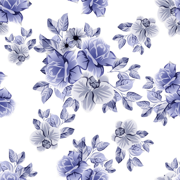 vector seamless pattern with blue, black and white flowers. design for textile and scrapbook - Vector, imagen