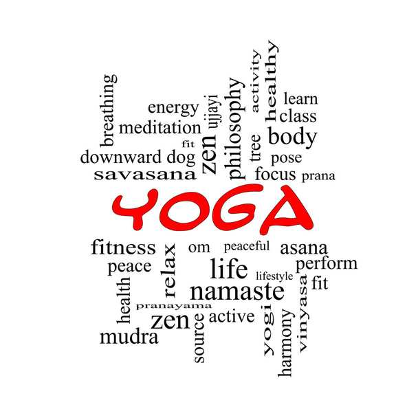 Yoga Word Cloud Concept in red caps - Photo, Image
