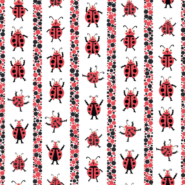 Cute dancing ladybirds stripe seamless vector pattern background. Kawaii ladybugs in childlike drawing style with vertical dot bubble fill stripes. Garden bug design in red black. Repeat for children - Vektor, Bild