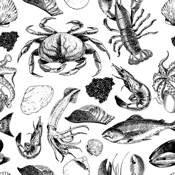 Modèle vectoriel homogène de fruits de mer : homard, crabe, saumon, caviar, calmar, crevettes et palourdes. Icônes gravées à la main. Délicieux objets de menu alimentaire. Utilisez pour resaurant, promotion, bannière de magasin de marché - Vecteur, image