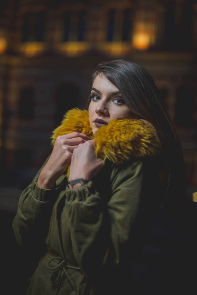 An attractive brown hair Caucasian female in a winter jacket posing at camera - Valokuva, kuva