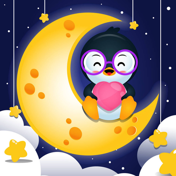 Illustratie vectorgrafiek van Cartoon Happy Penguin die op de maan zit en liefde in hem houdt. Perfect voor mascotte, kinderboekomslag, illustraties van kinderboeken, behang, kinderbrochure, puzzel, spelillustratie, game assets, enz..  - Vector, afbeelding