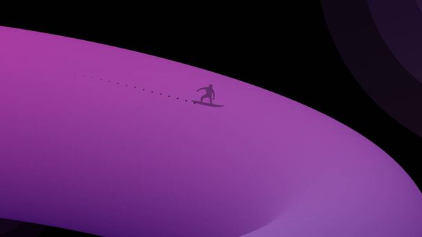 Snowboarder cartoon silhouet op paarse helling illustratie. - Foto, afbeelding