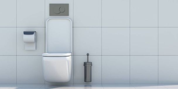 Tuvalet WC, tuvalet iç mekan tasarım şablonu. Klozet asılı, kapağı açık, fayanslar döşeli. Modern gerçekçi tuvalet, tuvalet fırçası ve sifon düğmesi. Banyo maketi. 3d illüstrasyon - Fotoğraf, Görsel