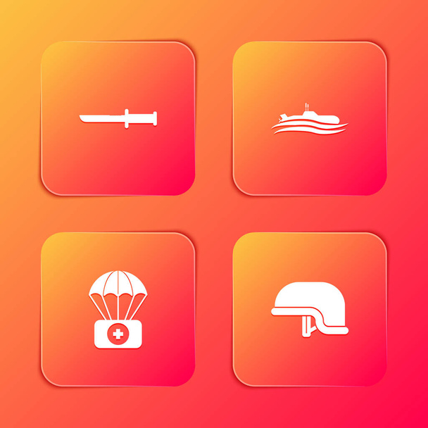 Set Military knife, Submarine, Parachute with first aid kit and helmet icon. Vector. - Vektor, obrázek