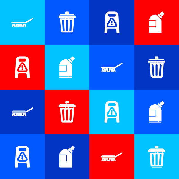 Set Brush for cleaning, Trash can, Wet floor and progress and Bottles agent icon. Vector. - Vektor, kép