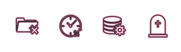 Set line Delete folder, Setting database server, Clock 24 hours and Tombstone with cross icon. Vector. - Vector, Imagen