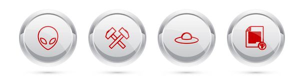 Set line Alien, Two crossed hammers, UFO flying spaceship and Unknown document. Silver circle button. Vector. - Vector, Imagen