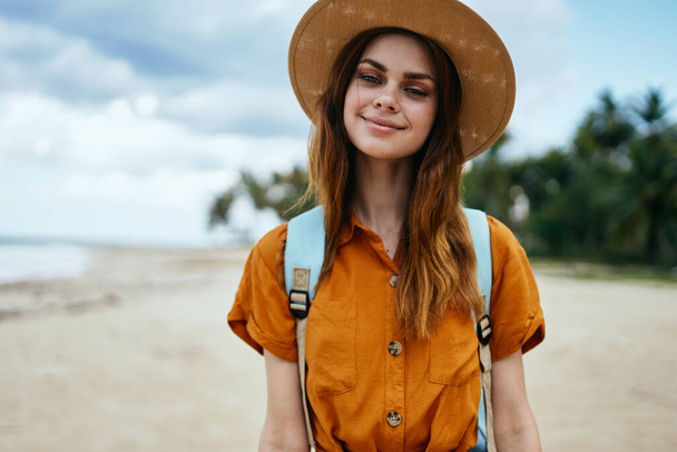 woman tourist backpack travel beach island landscape - Photo, image