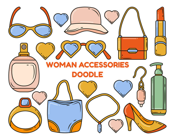 Ensemble d'accessoires dessinés à la main femme illustration de jeu de doodle dessin animé - Vecteur, image