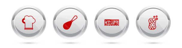 Set line Chef hat, Kitchen whisk, Sponge with bubbles and . Silver circle button. Vector. - Vettoriali, immagini