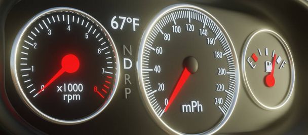 Close up on a dashboard in the car. Speedometer and moving. 3d rendering - Photo, Image