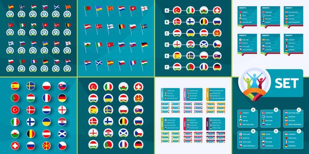 Euroopan jalkapallo 2020 mega asetettu. Euroopan jalkapallo 2020 maiden liput, teesiryhmät ja ottelut turnauksen taustavektorisarjassa. infografinen mega kokoelma - Vektori, kuva