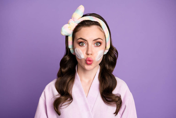 Photo of young attractive girl plump lips wear headband use cleansing foam isolated over violet color background - Zdjęcie, obraz