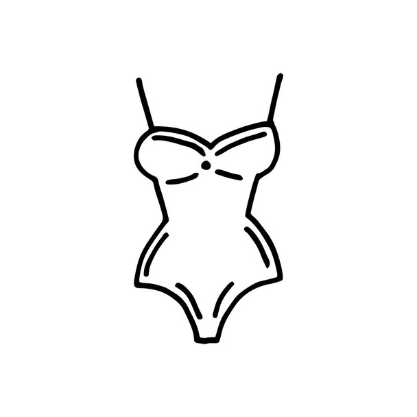 Badpak bodysuit doodle. Geïsoleerde monochrome afbeelding op een witte achtergrond. Dunne schouderbanden, gegoten kopjes. Kleurboek, bedrukking, icoon voor prijskaartje, online winkel. Vector illustratie, eenvoudig - Vector, afbeelding