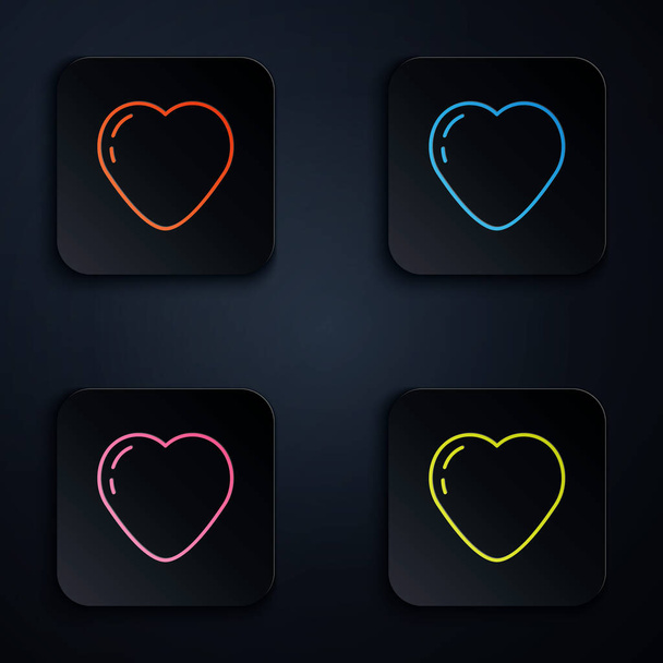 Color neon line Heart icon isolated on black background. Romantic symbol linked, join, passion and wedding. Valentine day symbol. Set icons in square buttons. Vector. - Vektori, kuva