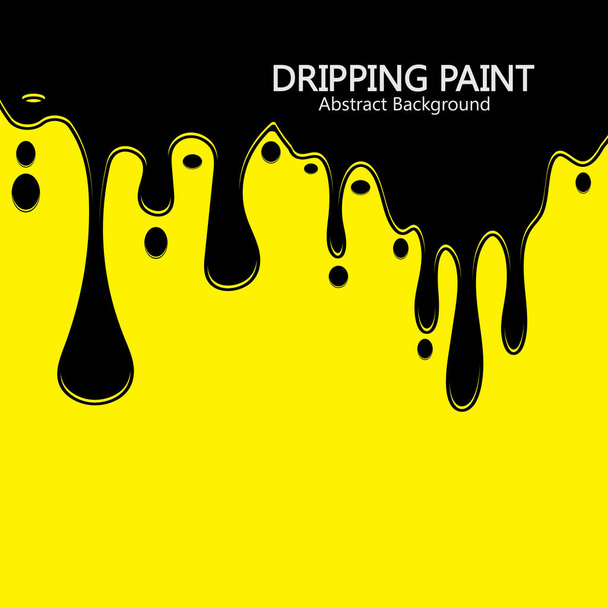 Tinta negra que gotea el derrame de pintura que gotea sobre el fondo amarillo. Ilustración vectorial. - Vector, imagen