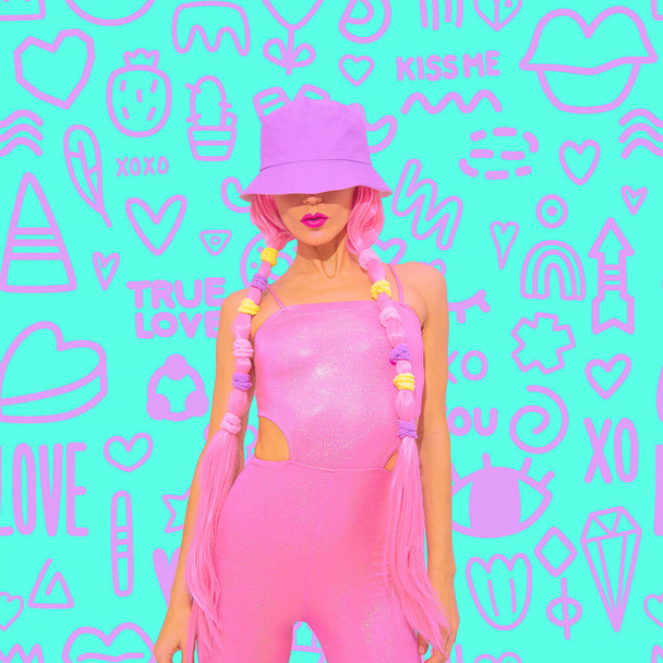 Contemporary digital collage art. Fashion summer girl 90s party style on design pattern background. Text kiss me, true love - Photo, Image