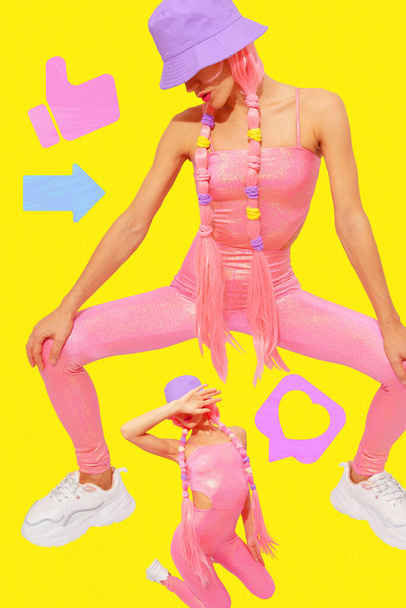 Zeitgenössische Collage-Kunst. Mode Sommer digitale Mädchen 90er Party-Stil auf Design-Geometrie Hintergrund. Cosplay-Spielerfrau - Foto, Bild