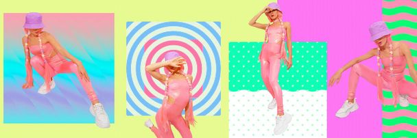 Contemporary digital collage art.  Baner. Fashion summer girls 90s party style on design geometry background. - Φωτογραφία, εικόνα