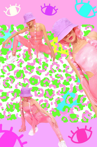 Arte contemporáneo collage digital. Moda verano niñas 90 cultura pop. Cosplay concepto de chica gamer. Lady unicornio, hip-hop, street style - Foto, Imagen