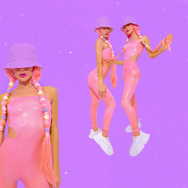 Contemporary digital collage art. Summer girls 90s pop culture. Cosplay gamer girl concept. Lady unicorn, hip-hop, street style fashion - 写真・画像