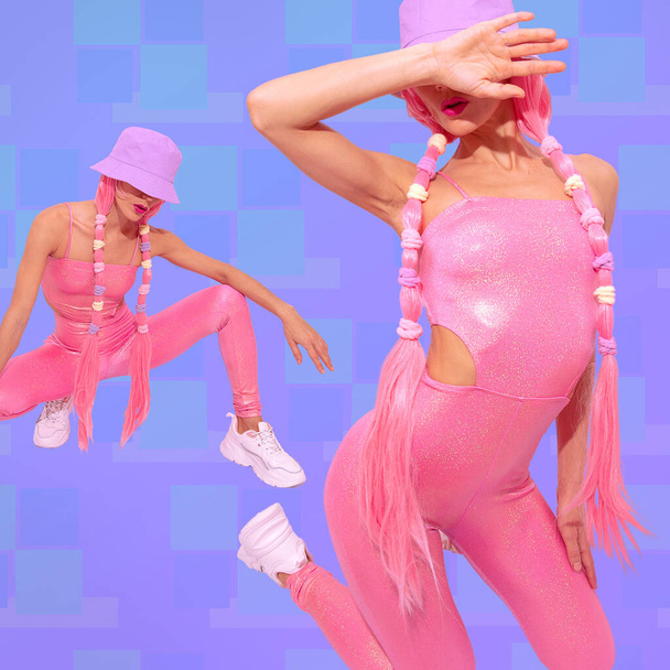 Contemporary digital collage art. Summer girl 90s pop culture. Cosplay gamer Lady concept. Unicorn life, hip-hop, street style fashion - Fotoğraf, Görsel