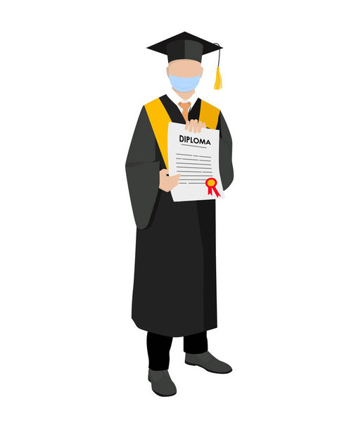 Graduado com diploma em suas mãos isolado no fundo branco - Vetor, Imagem