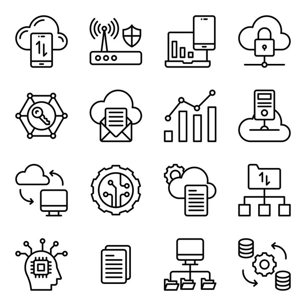 Pacote de ícones lineares de gerenciamento de dados na nuvem - Vetor, Imagem