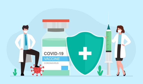 Coronavirus aşısı. İlaç şişesi covid-19 enjekte etmek için büyük şırıngaları olan tıp doktorları karakterleri. Vektör illüstrasyonu. - Vektör, Görsel